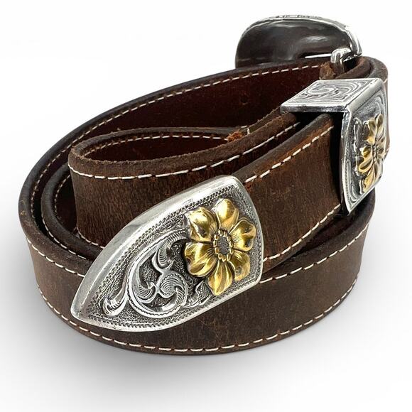 Vintage 90\'s Brown Belt XL Western mixed metal boho cowgirl daisies artisan main image 6
